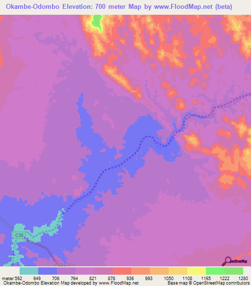 Okambe-Odombo,Namibia Elevation Map