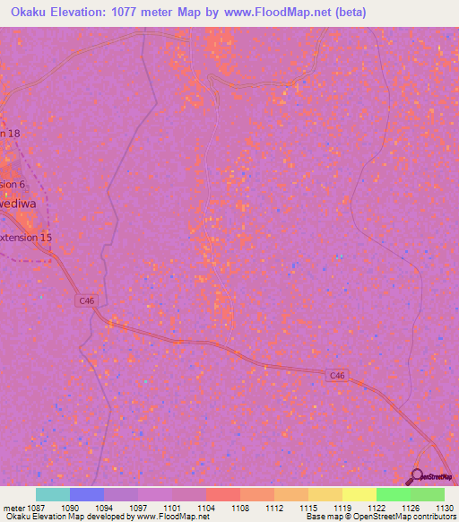 Okaku,Namibia Elevation Map