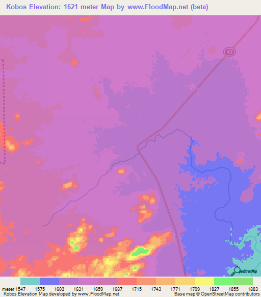 Kobos,Namibia Elevation Map