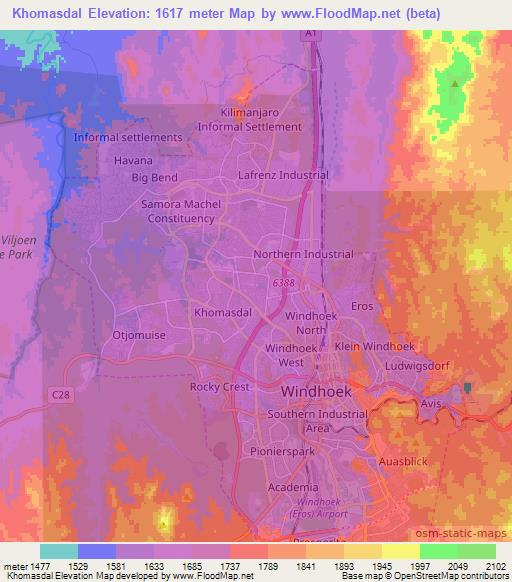 Khomasdal,Namibia Elevation Map
