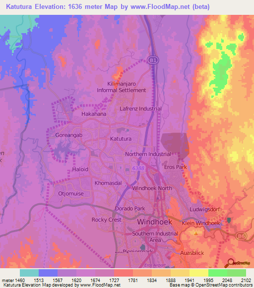 Katutura,Namibia Elevation Map
