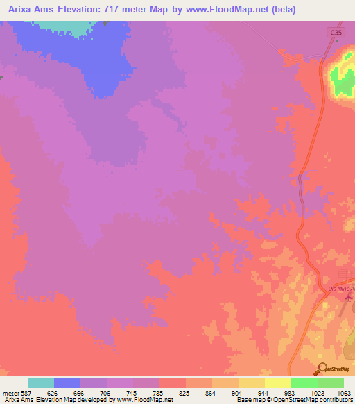 Arixa Ams,Namibia Elevation Map