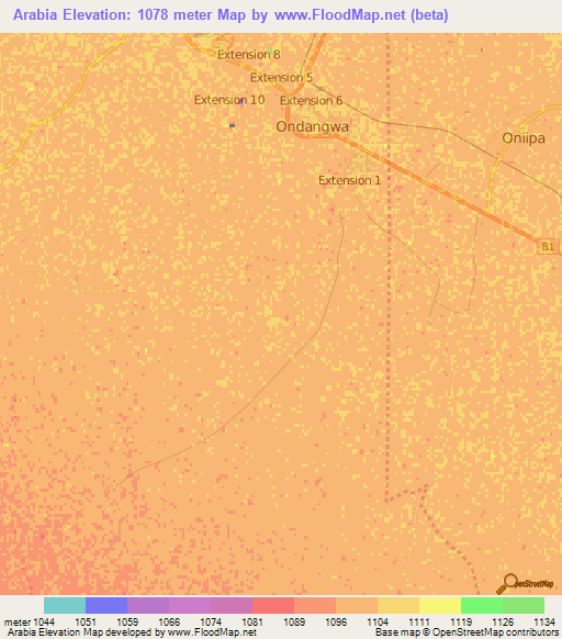 Arabia,Namibia Elevation Map