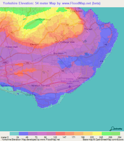 Yorkshire,Barbados Elevation Map