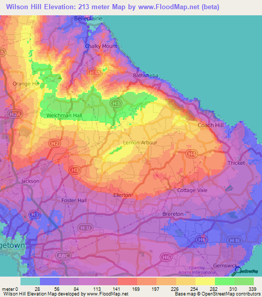Wilson Hill,Barbados Elevation Map