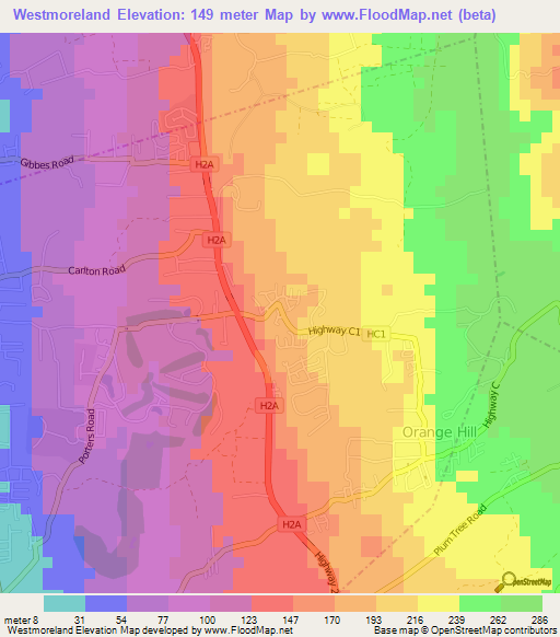 Westmoreland,Barbados Elevation Map