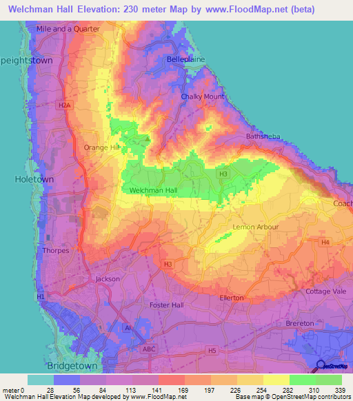 Welchman Hall,Barbados Elevation Map