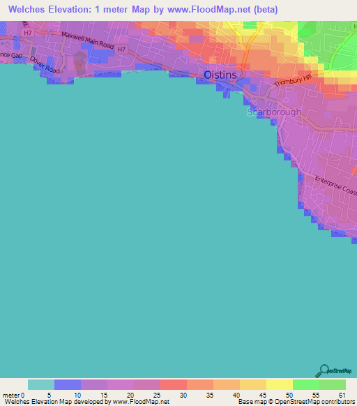 Welches,Barbados Elevation Map