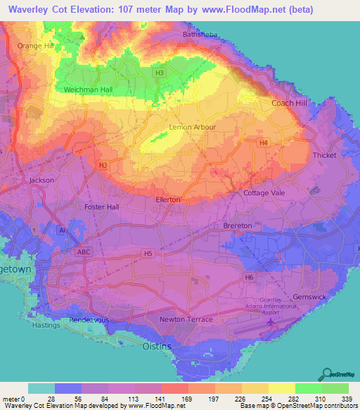 Waverley Cot,Barbados Elevation Map