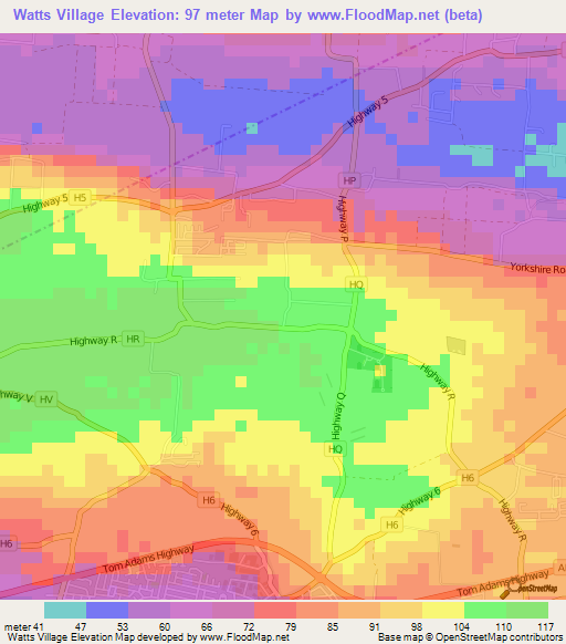 Watts Village,Barbados Elevation Map