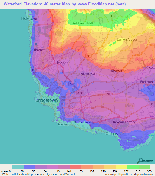Waterford,Barbados Elevation Map
