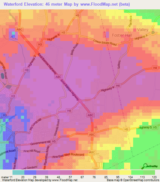Waterford,Barbados Elevation Map