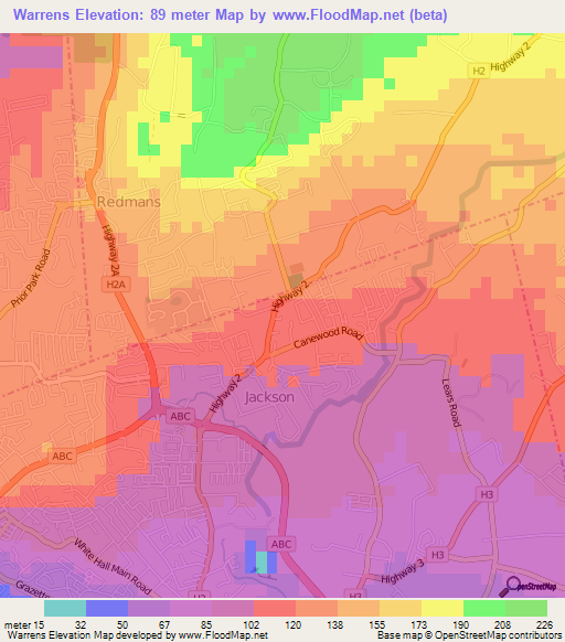 Warrens,Barbados Elevation Map