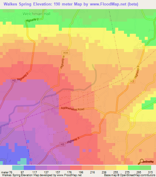Walkes Spring,Barbados Elevation Map