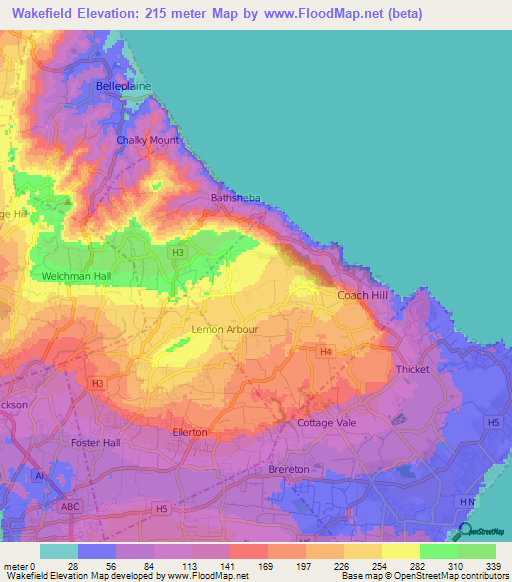 Wakefield,Barbados Elevation Map