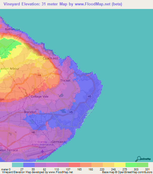 Vineyard,Barbados Elevation Map