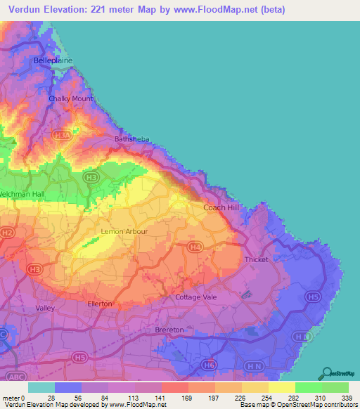Verdun,Barbados Elevation Map
