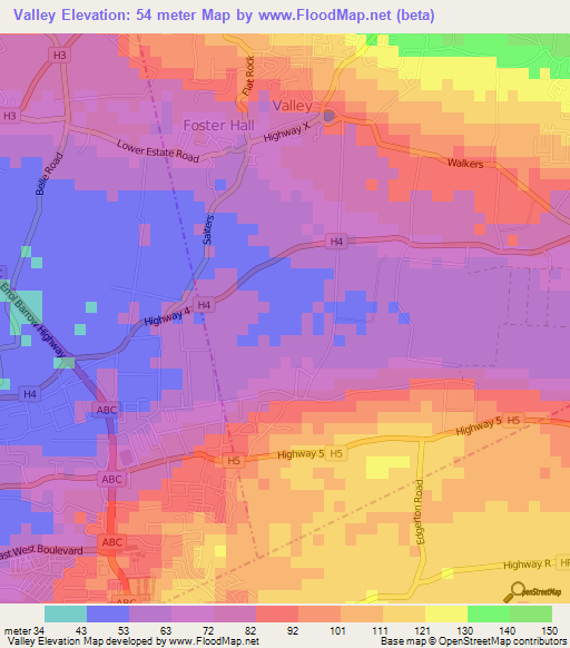Valley,Barbados Elevation Map