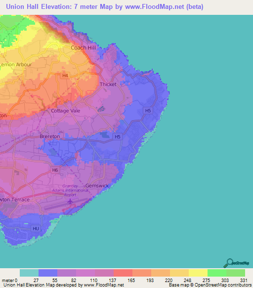 Union Hall,Barbados Elevation Map