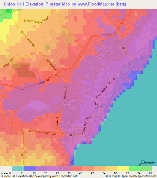 Union Hall,Barbados Elevation Map