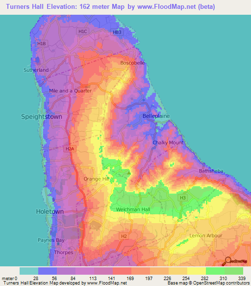 Turners Hall,Barbados Elevation Map
