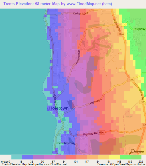 Trents,Barbados Elevation Map