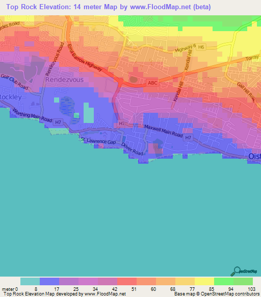 Top Rock,Barbados Elevation Map