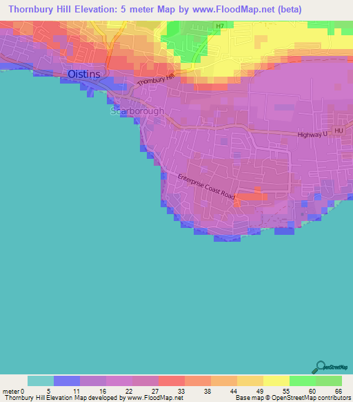 Thornbury Hill,Barbados Elevation Map