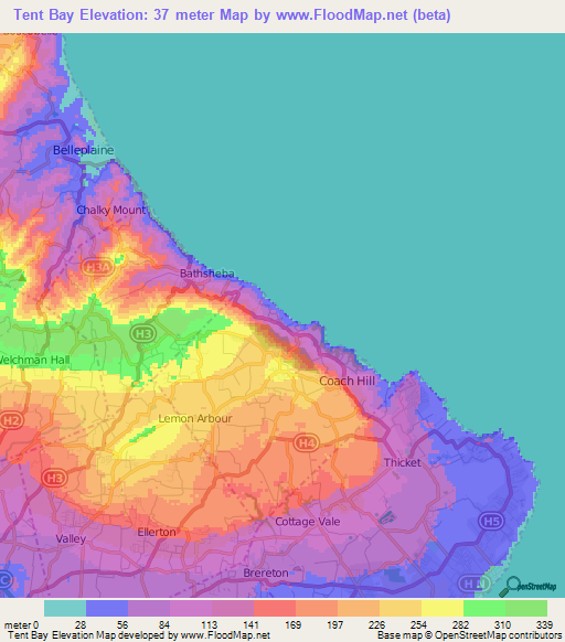 Tent Bay,Barbados Elevation Map