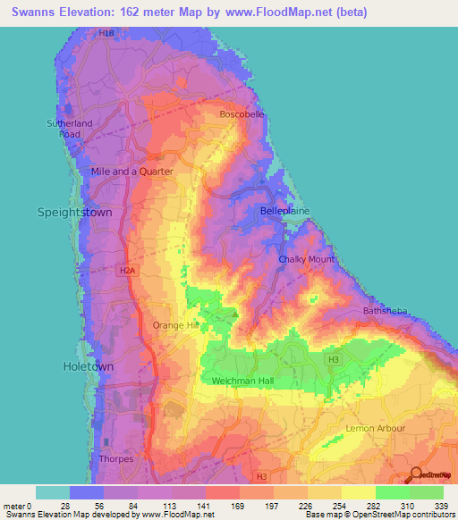 Swanns,Barbados Elevation Map