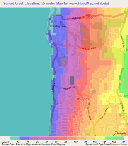 Sunset Crest,Barbados Elevation Map