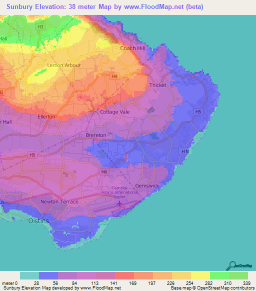 Sunbury,Barbados Elevation Map