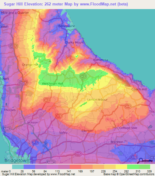 Sugar Hill,Barbados Elevation Map
