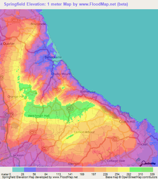 Springfield,Barbados Elevation Map