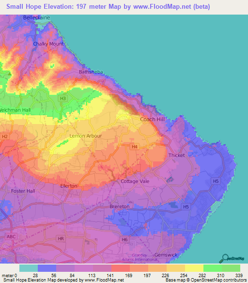 Small Hope,Barbados Elevation Map