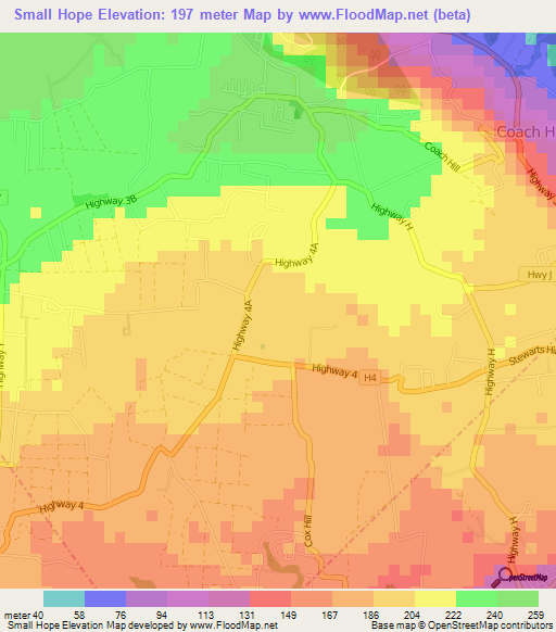 Small Hope,Barbados Elevation Map