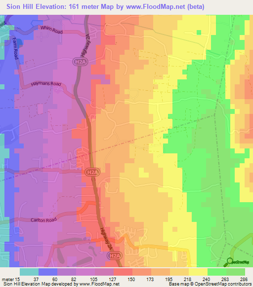 Sion Hill,Barbados Elevation Map