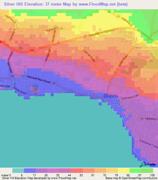Silver Hill,Barbados Elevation Map