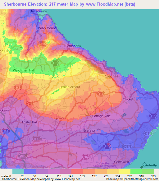 Sherbourne,Barbados Elevation Map