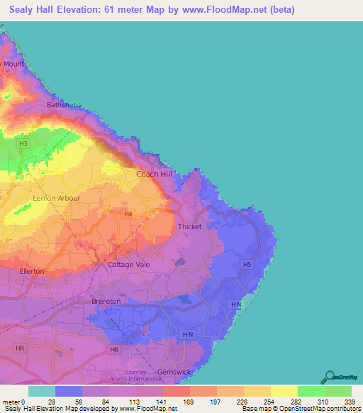 Sealy Hall,Barbados Elevation Map