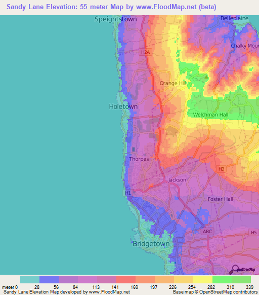 Sandy Lane,Barbados Elevation Map