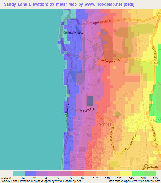 Sandy Lane,Barbados Elevation Map