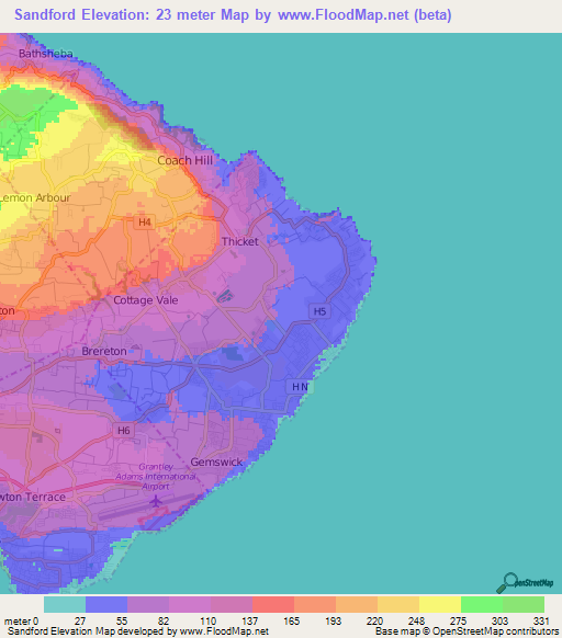 Sandford,Barbados Elevation Map