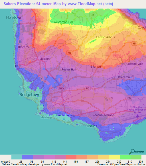 Salters,Barbados Elevation Map