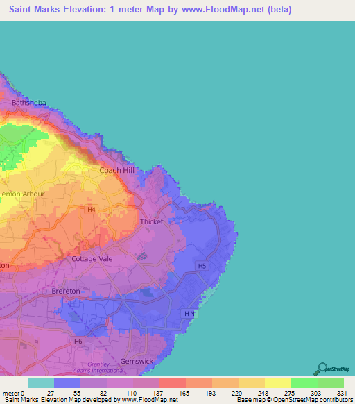 Saint Marks,Barbados Elevation Map