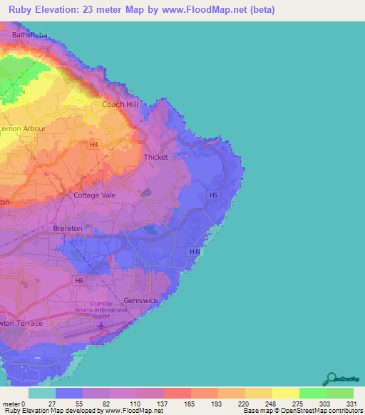 Ruby,Barbados Elevation Map