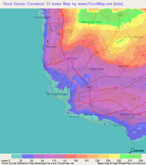 Rock Dundo,Barbados Elevation Map