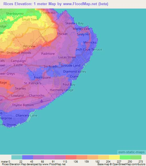 Rices,Barbados Elevation Map