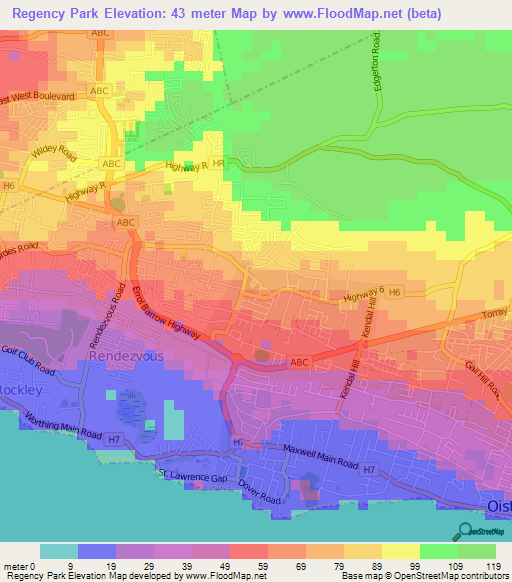 Regency Park,Barbados Elevation Map