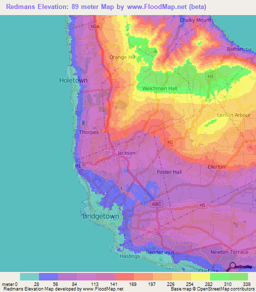 Redmans,Barbados Elevation Map